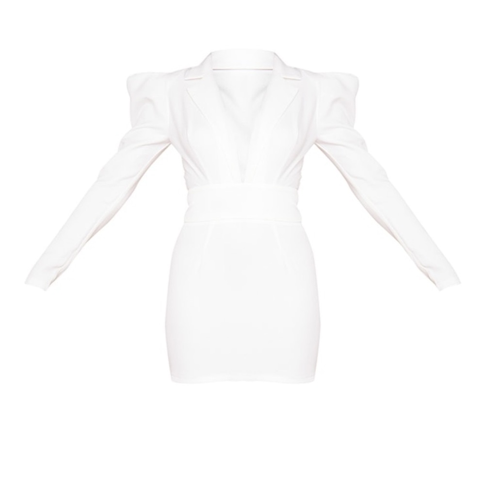 PLT White Puff Shoulder Plunge Blazer Style Body con Dress